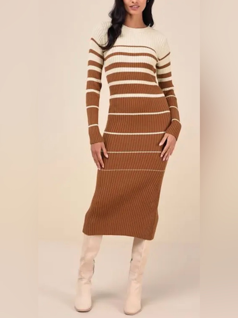 Lulu's Seasonal Status Ivory and Brown Striped Midi Sweater Dress Size Small